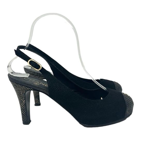 Chanel Tweed Slingback Cap Toe CC Logo Pumps Black Size 38 - Picture 3 of 12